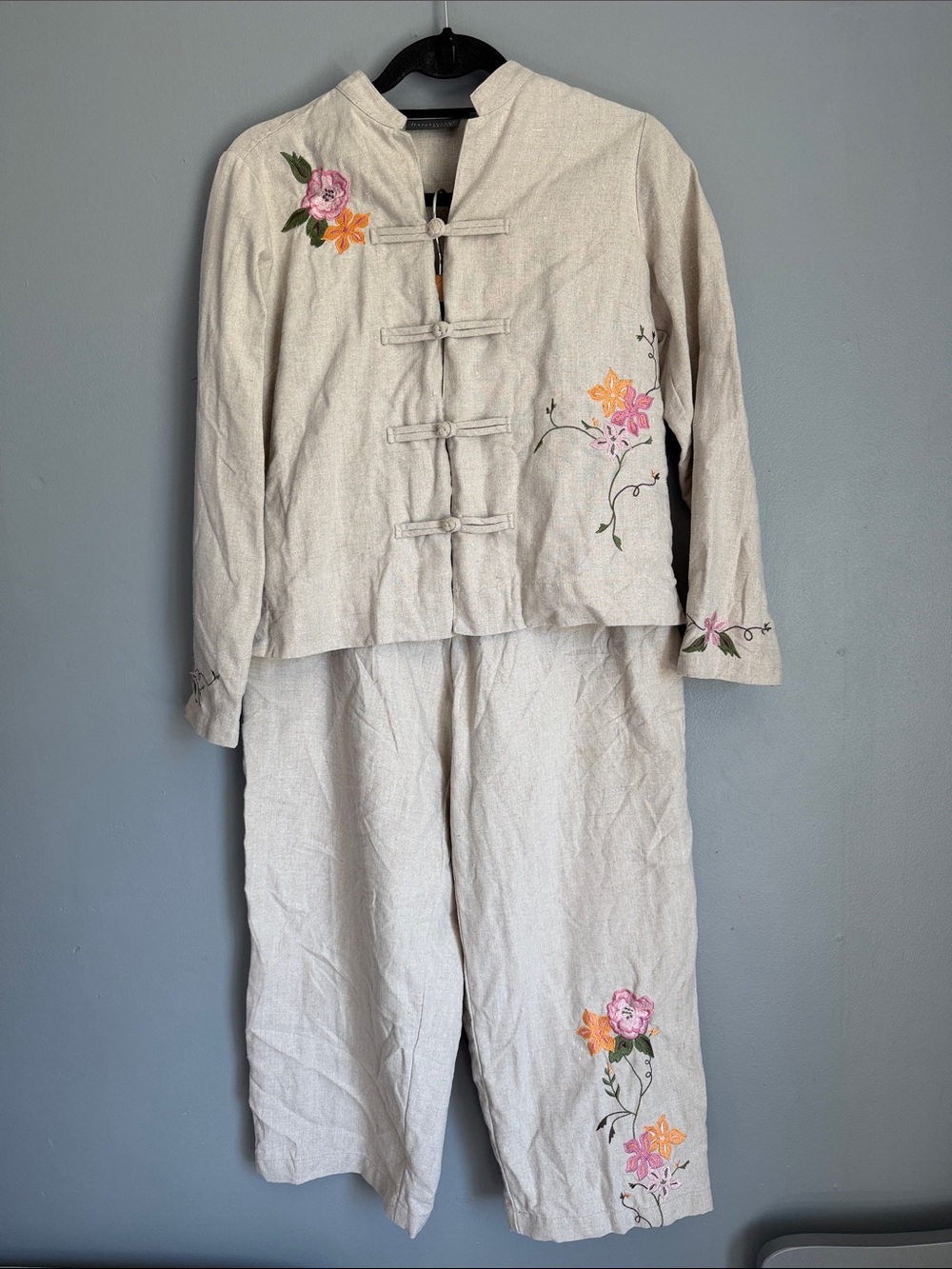 VTG Relativity 100% Linen Boho Embroidered Lagenlook Pant Set Mandarin Collar PM